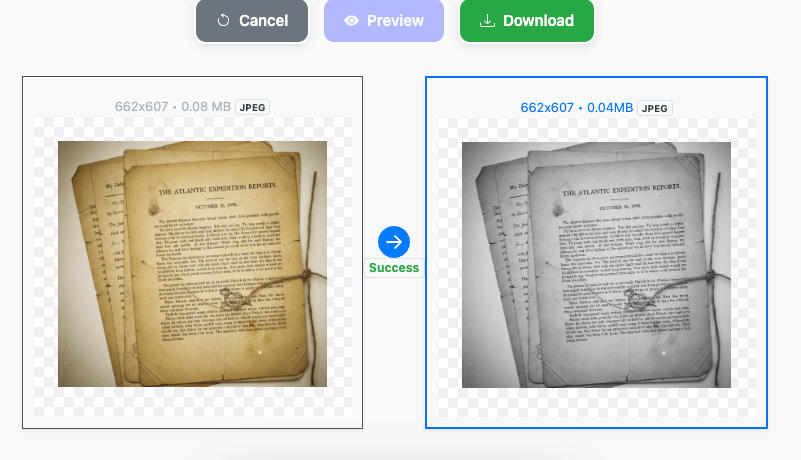 Grayscale conversion of a scanned JPEG image, showing a significant file size reduction of 50%.