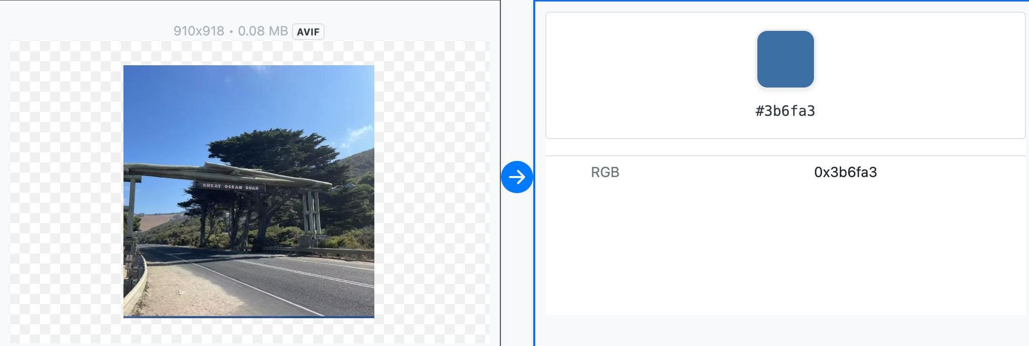 Extracted main color from a avif image with HEX color preview