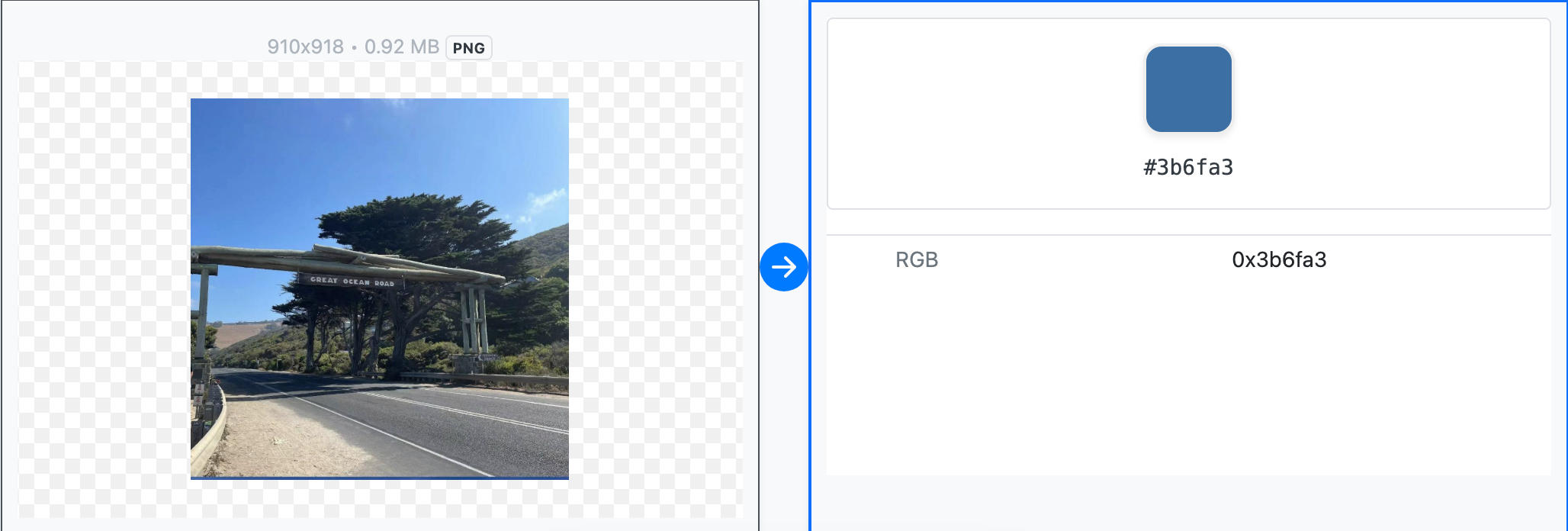 Extracted main color from a PNG image with HEX color preview