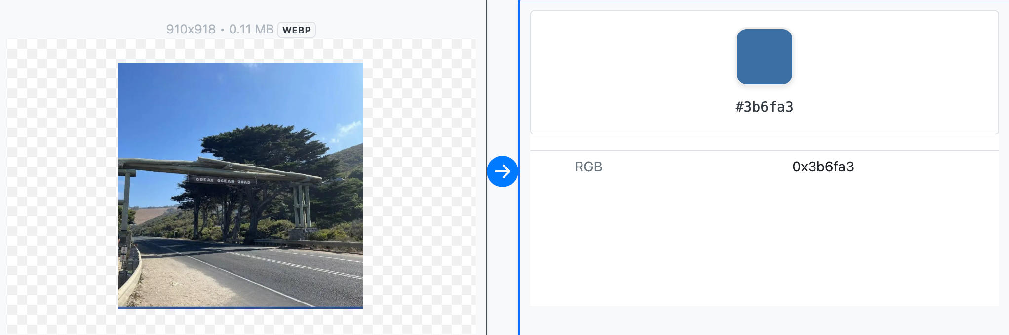 Extracted main color from a WebP image with HEX color preview