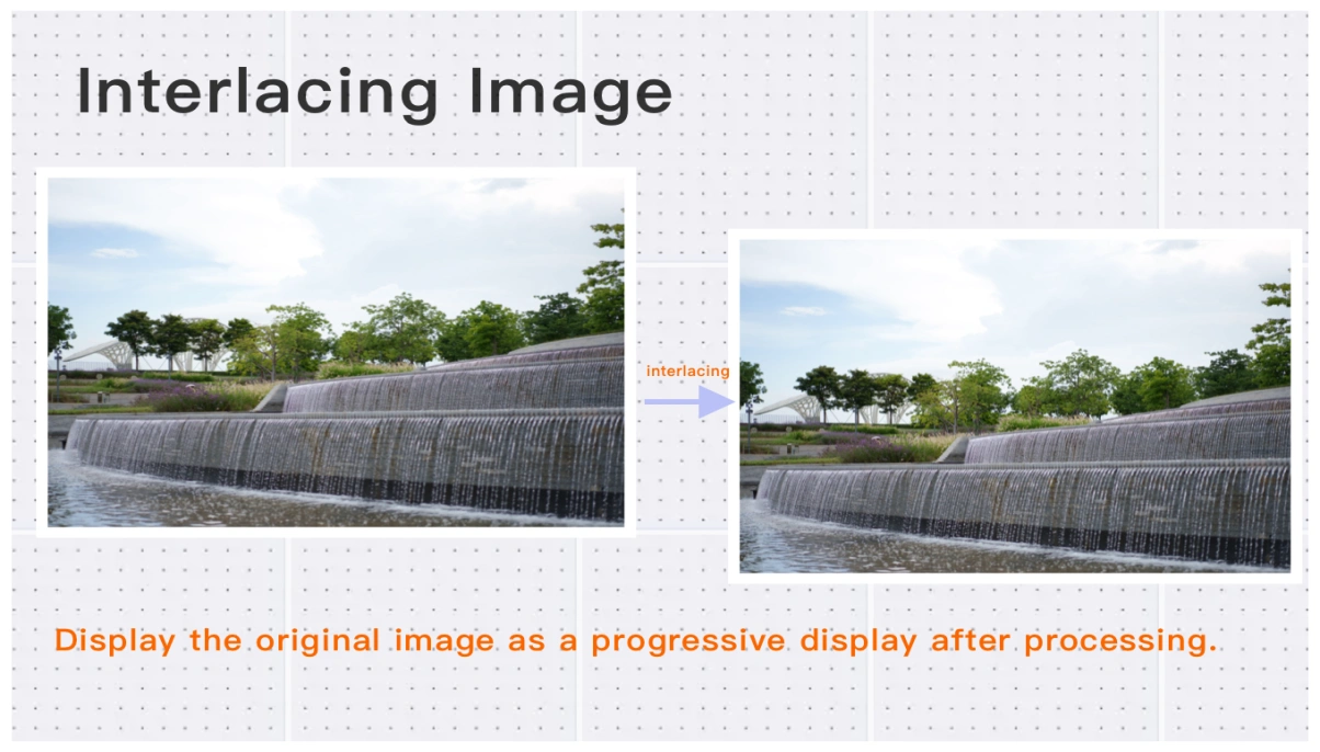 Convert your images to progressive JPEG or interlaced PNG format width our Interlaced Image Converter